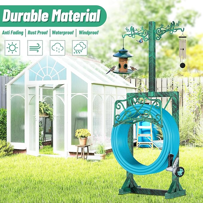 Garden Hose Holder for Outside, Upgraded Water Hose Holders with 2 Shepherds Hooks,Freestanding Heavy Duty Hose Stand Hose Hanger Hose Storage Hose Reel Rack for Yard Lawn Farm(Antique Green)