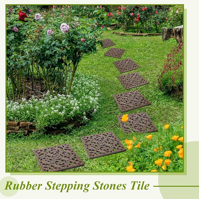 Pangda 8 Pcs Rubber Stepping Stones Outdoor Garden Walkway, 12 x 12 Inch Heavy Duty Pathway Pavers Retro Decorative Stepping Stones for Outside Landscaping Yard Lawn Path (Cross Square,Copper)