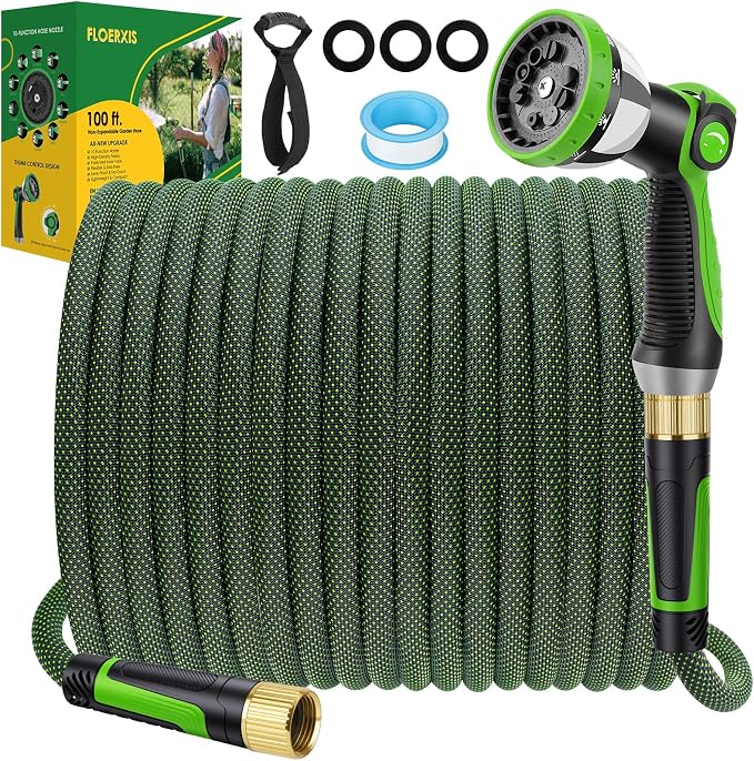 Non-Expandable Garden Hose 100 FT, Lightweight Hose with 10 Function Spray Nozzle, Kink-Free Flexible Water Hose, Durable, Leak-Proof, 360° Swivel Connectors, Portable Storage Strap