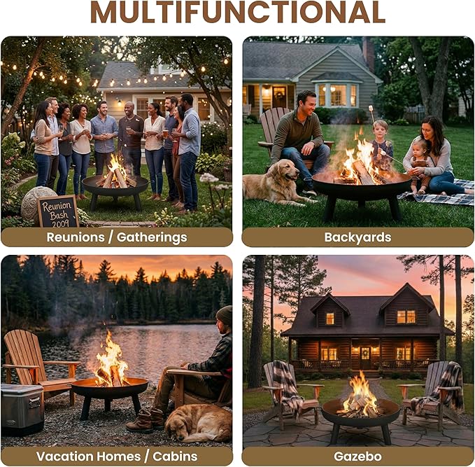 Fire Pit - 27.5-Inch Outdoor Wood Burning Firepit with Handles and Cover - Outdoor Fire Pits for Backyard, Deck, or Patio by Pure Garden (Black)