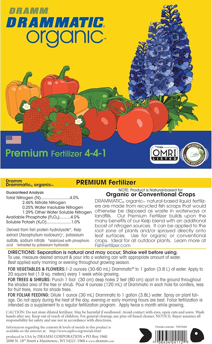 Dramm Drammatic® Organic™ Premium Fertilizer 4-4-1, Hydrolyzed Liquid Fish Fertilizer, for Vegetables, Flowers, and Fruits, 1 Gallon, OMRI Listed, 1 Gallon