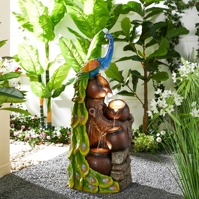 Glitzhome 4-Tier Peacock and Jars Outdoor Water Fountain with LED Light, 40”H Oversized Resin Peacock Sculpture Waterfall Fountain with Submersible Pump for Garden Patio Porch