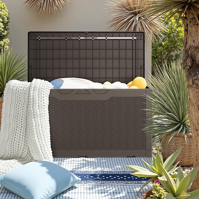JUMMICO 100 Gallon Resin Deck Box, Waterproof Outdoor Storage Box with Lockable Lid for Garden Tools, Patio Cushions (Brown)
