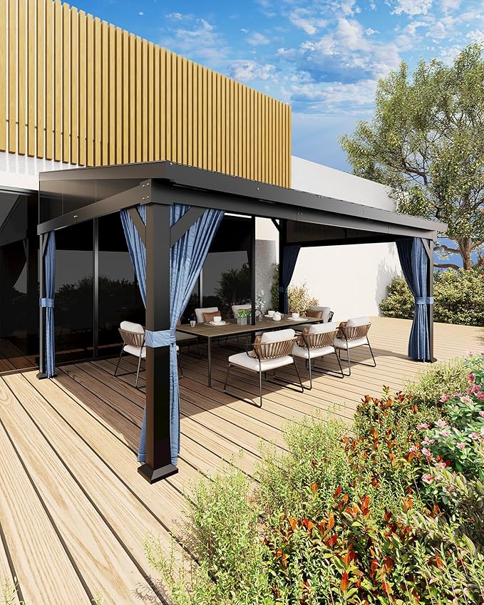 10'x14' Wall-Mounted Lean-to Gazebo with Galvanized Steel Roof, Gutters & Sliding Netting/Curtains β Hardtop Metal Pergola Canopy for Patio, Backyard, Garden, or Carport β Weather-Resistant & Durable