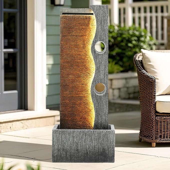 AUTODAYA 39.4" Tall Outdoor Water Fountain with LED Lights, Modern Zen Wall Resin Garden Fountain with Cascading Waterfall, Faux Slate Textures, Tranquil Water Feature for Patio, Garden, Deck or Porch