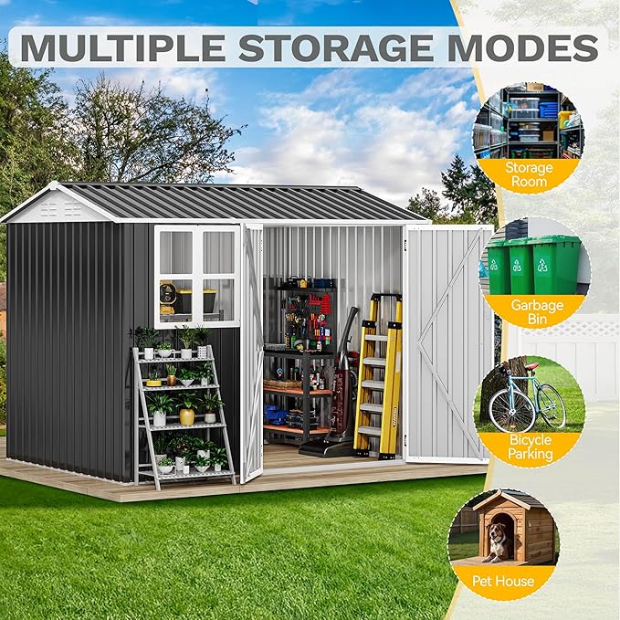 DWVO 8' x 6' Outdoor Storage Shed, Waterproof Metal Garden Shed with Windows, Lockable Doors, and Sloped Roof for Patio, Backyard, Lawn, Tool Storage, Bike Shed, Pet Shelter (Gray + White)