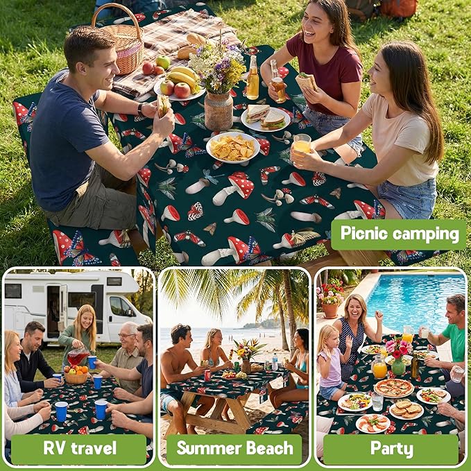 Picnic Table Cover with Bench Covers Elastic Tablecloth Camping Essentials Table Cloth Outdoor Glamping Cool Fun Unique Ideas Birthday Camping Gifts for Mother Mama Mommy Mom from Daughter Son Black