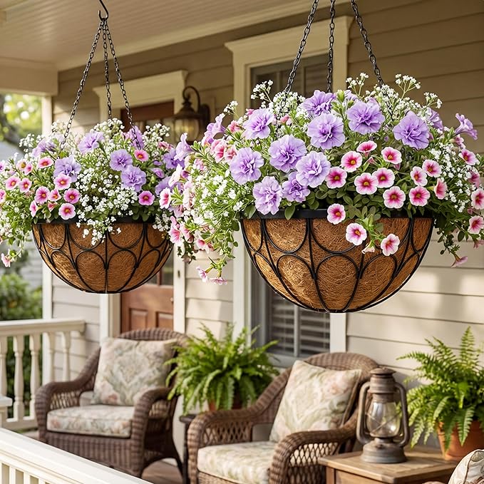 4 Pack 12 Inch Hanging Planters for Outdoor Plants,Large Wire Flower Hanging Basket with Coco Liners for Balconies, Patios, Porch, Terraces Decor