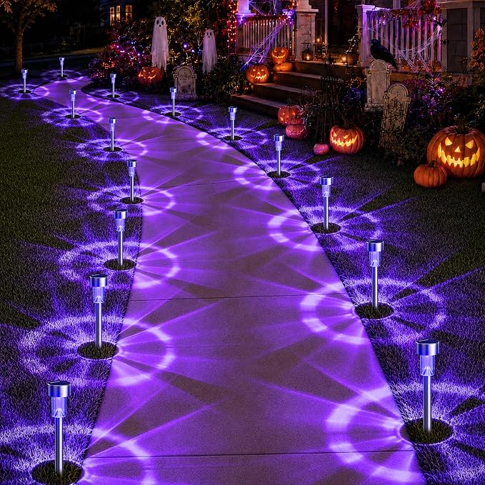 GIGALUMI Purple Solar Pathway Lights, 20-Pack Outdoor Halloween Decor | Waterproof LED stainless stakes for yard, garden & driveway. Purple glow sets spooky mood. Durable & easy install.