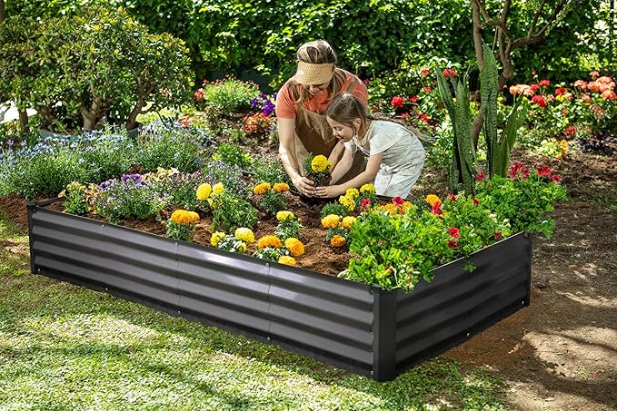 Plant & Plot Galvanized Raised Garden Beds Outdoor // 6×3×1 ft Planter Raised Beds for Gardening, Vegetables, Flowers // Large Metal Garden Box // Patented Tool-Free Design (Dark Gray)