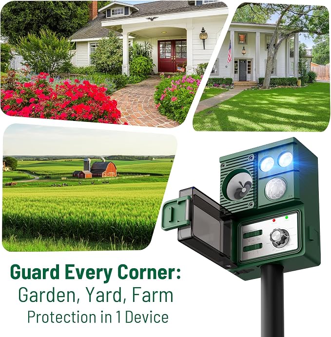 2-Pack Solar Animal Repeller Outdoor, Motion Activated Yard Guard Ultrasonic Deer Repellent Device for Rabbits, Raccoons & Squirrels, Flashing Light & IP44 Waterproof Garden Animal Control