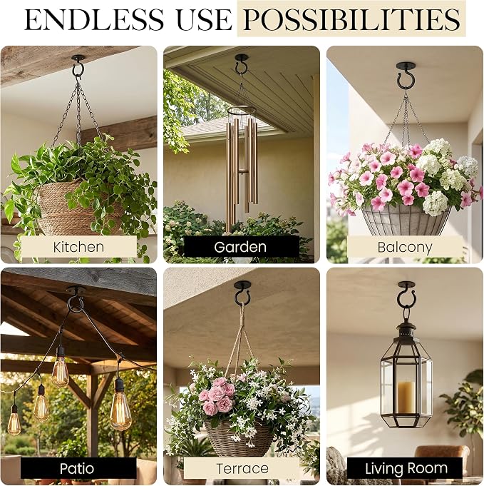RTZEN Plant Hangers Outdoor or Indoor - Wrought Iron Metal Hanger Indoor Hook - Heavy Duty Wall Bracket Hooks for Hanging Plants Baskets Lanterns Bird Feeders - 2 Pack (Black Ceiling Hooks 3.1")