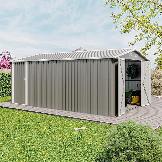 YOPTO 10x14 FT Outdoor Storage Shed, Extra Large Metal Garden Shed with Waterproof Roof, 4 Vents and 3 Lockable Doors,All-Weather Tool Shed Storage House for Backyard, Patio, Lawn,Light Grey