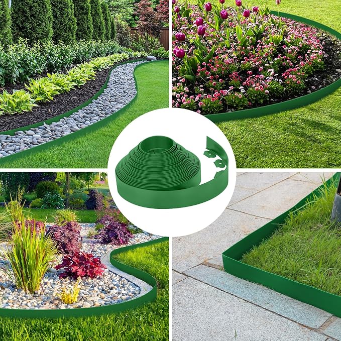 3-Inch x 50 FT Landscape Edging Border with 75 Stakes, Garden Border Edging Kit, Flexible Plastic Edging Border for Garden Flower Beds Lawn Yard Paver Pathway (Green)
