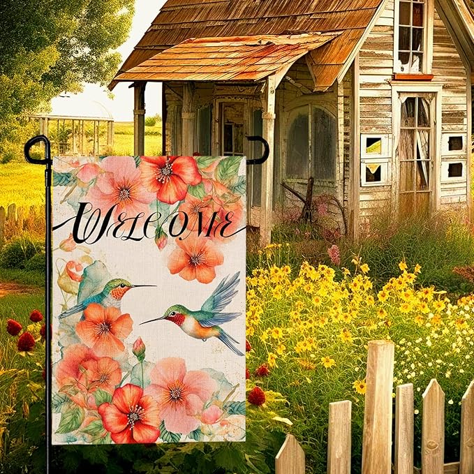 Hummingbird Garden Flag Summer Welcome Printing Garden Flag Watercolor Burlap Yard Flags for Outside Double Side Floral Spring Garden Flags Decor Standard Size 12Γ18 Inch