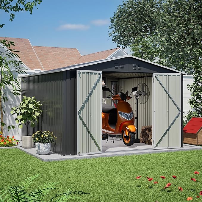 YOPTO 10 x 10 FT Outdoor Storage Shed,Heavy Duty Tool Sheds Metal Storage Garden Shed with Sloped Roof and Lockable Doors,Large Metal Storage Sheds for Backyard Patio Lawn, Black