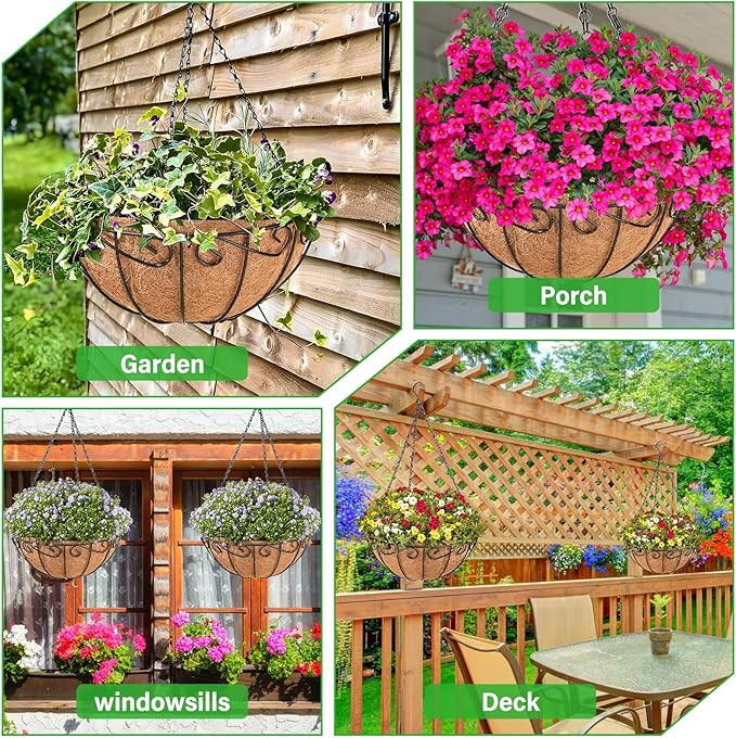 Legigo 2 Pack 12 Inch Metal Hanging Baskets for Plants Outdoor- Round Wire Hanging Planters Basket with Coconut Coir Liner, Hanging Flower Pot for Outdoor Plants Flowers Garden Decorations