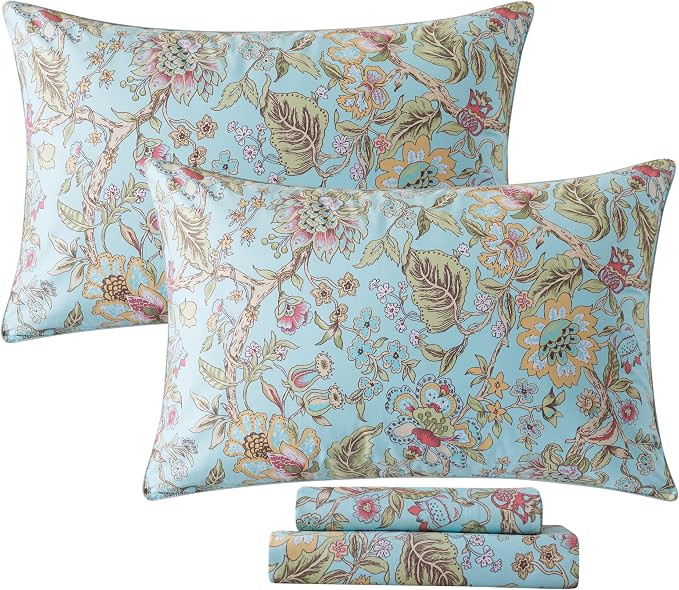 FADFAY Queen Sheet Set 4 Piece 100% Egyptian Cotton Bed Sheets Deep Pocket, Soft Breathable Vintage Blue French Country Bedding Shabby Cottagecore Floral Bedding Luxury Hotel Quality for All Seasons