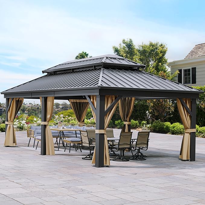 YITAHOME 12X18FT Meatl Hardtop Gazebo Metal Double Roof Canopy Galvanized Iron 4.7X4.7'' Aluminum Pillar Garden Tent Curtains Netting for Patios Backyards Decks Lawns