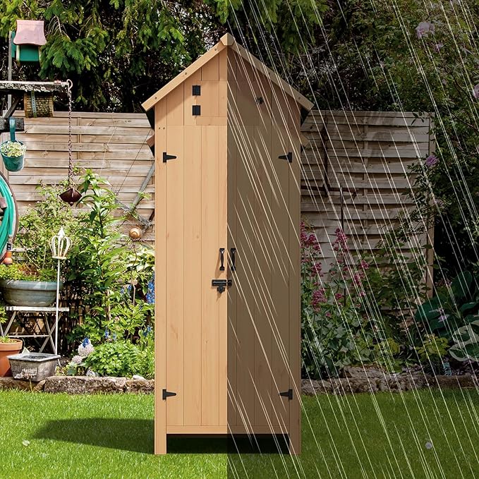 Outdoor Storage Shed, Small Waterproof Garden Tool Shed with 3 Shelves, Roof Storage & Lockable Doors, Compact Wood Storage Cabinet for Patios, Backyards, Balconies, Natural