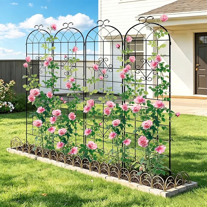 LZRS 4 Pack 78.7x20in Rustic Iron Arch Decoration Garden Trellis with Black Metal Coating – Perfect for Supporting Climbing Plants Outdoor, Roses, Vines, Flowers, and Vegetables.