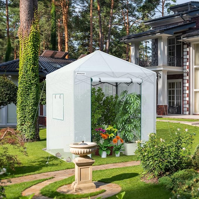 WORKPRO Greenhouse, 94”x 94”x 99” Pop-up Greenhouse for Outdoors , Heavy Duty Gardening House with Sturdy PE Cover, Roll-up Entry Doors and 2 Screen Windows, for Patio, Backyard, Balcony