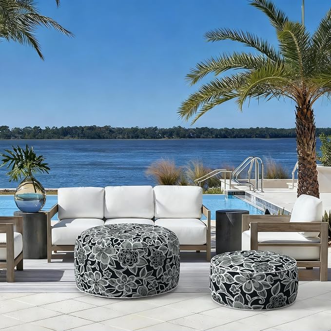LVTXIII Indoor/Outdoor Inflatable Ottoman with Handle D21 x H9 Inch, Weather-Resistant Round Footstool Pouf for Patio Camping Living Room, Portable Footrest Extra Seating, Flower Black