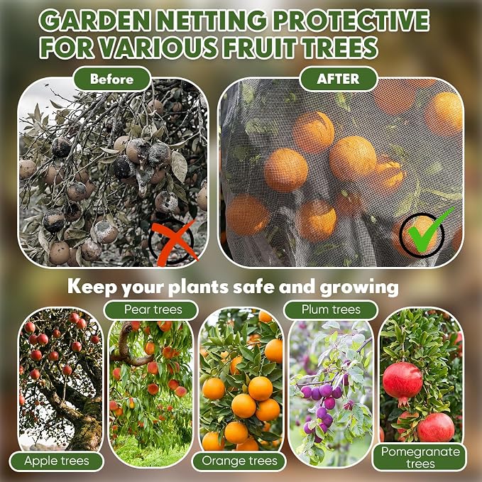 SATINIOR 2 Pcs 15x15ft Large Fruit Tree Netting with Double Zipper Drawstring Bird Netting Fruit Tree Covers Garden Plant for Squirrels Birds Deer Bugs Cherry Blueberry Peach Apple Trees