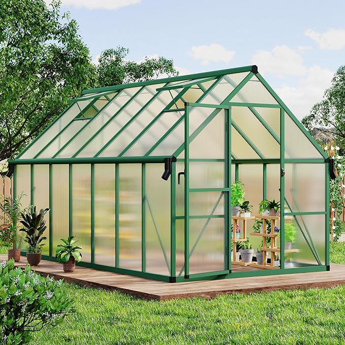 CABIHOME 8x14 FT Outdoor Greenhouse, Polycarbonate Greenhouse with Roof Vent and Ground Nails, Aluminum Large Walk-in Green House w/ Lockable Push Door for Outside Garden Backyard (Green, 8x14 FT)