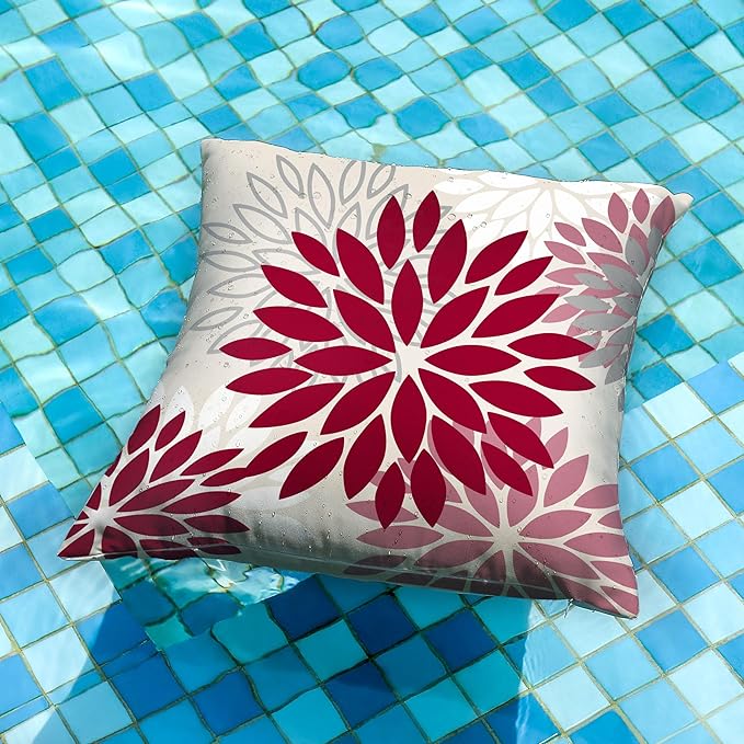 DFXSZ Wine Red Pink Flower Pillow Covers 20x20 Inch Set of 2 Outdoor Throw Pillows Outdoor Waterproof Decor for Living Room Sofa Patio Funiture Garden Floral Polyester Pillow Covers 002R20