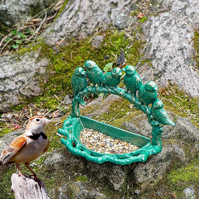 Sungmor Cast Iron Wall Mounted Bird Feeder, Cute Bird Decor Small Water Bath, Wall Hanging Fence Mount Bird Bath Feeder, Beautiful Green Birdfeeder for Garden Backyard Patio Wall Decoration