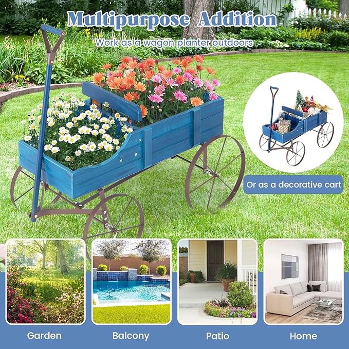 DORTALA Wood Wagon Planter, Outdoor Garden Flower Planter Cart with Wheels, Small Decorative Wood Raised Bed Plant Pot Box Stand for Backyard, Patio, Balcony, Blue