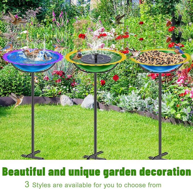 Metal Bird Bath for Outside, Garden Birdbath Bowl Freestanding Bird Feeders for Outdoors with 4 Prongs Base Stake, Standing Birdfeeders for Yard Lawn Decor (Blue Purple)
