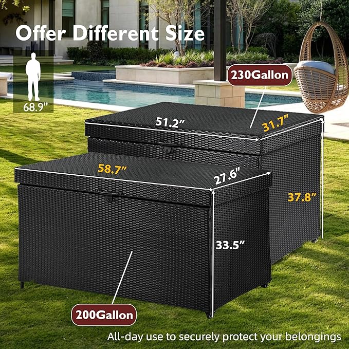 230 Gallon Wicker Deck Box - Waterproof Outside Storage Box with Wheels - Outdoor Bench for Indoor & Outdoor Use, Storage Bin for Patio Furniture, Pool Storage and Garden Tools - Black