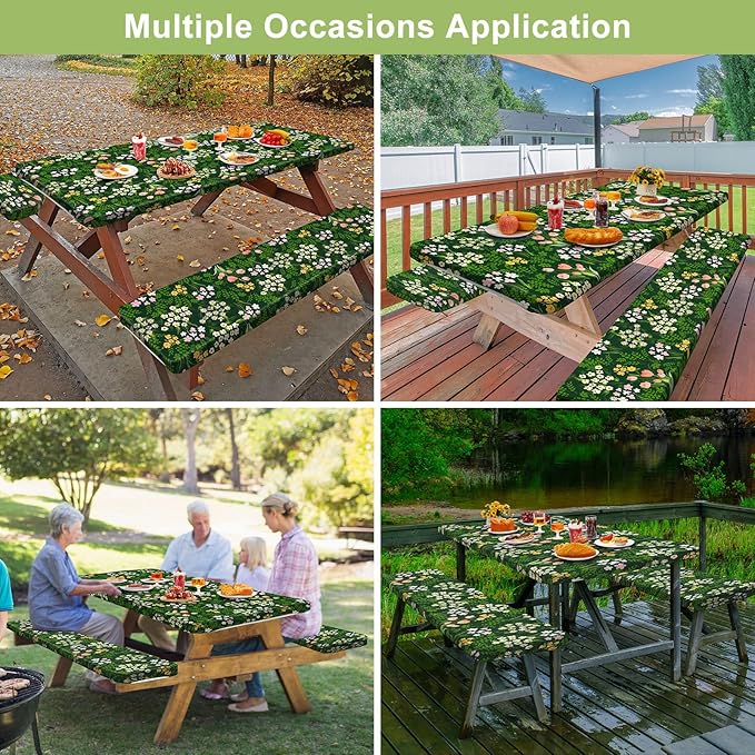 Play Tailor Picnic Table Cover with Bench Covers Camping Essentials Waterproof Windproof Camping Tablecloth with Drawstring Bag, Fitted Rectangle Tables and Seats, 72in, Green Pink