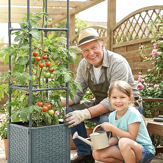 Raised Garden Bed Tomato Planter Box with Trellis, 41.3" Tomato Planters Cage w/Self-Watering for Climbing Plants Vegetables, Patio Indoor Outdoor