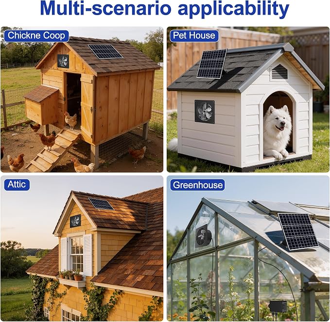 15W Solar Powered Fan with Reversible Airflow - Intake & Exhaust, Programmable Remote Control with Timer, Aluminum Fan for Chicken Coop, Greenhouse, Shed, Pet House