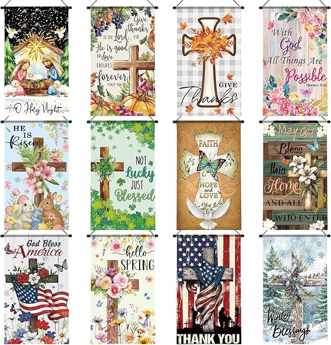 Tegeme 12 Pcs Christian Seasonal Garden Flags Set Hello Spring Door Banner Decorations Religious Cross Door Hanger 12 x 20 Inch 4th of July Hanging Flag for Outside Party Outdoor Indoor