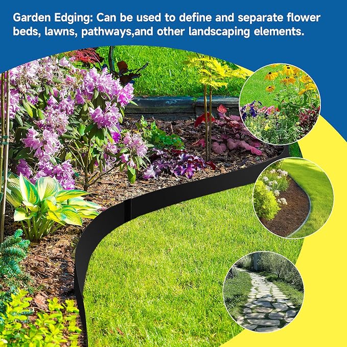 20Ft.Galvanized Steel Landscape Edging(6-Pack)-5"x40" Metal Garden Edging,7 Clips&Gloves,Hammer-in,No Dig,Rustproof,for Landscaping,Tree Rings,Garden,Yard&Pathway–Black