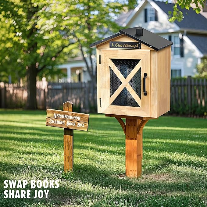 Outdoor Book Sharing Box, Waterproof Tin Roof Wooden Book Exchange Cabinet for Communities, Neighborhoods, and Schools, DIY Literature Storage for Books, Magazines, and Art (Wood)