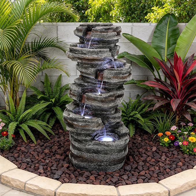 AUTODAYA 6-Tier Rock Outdoor Water Fountain, 40in Tall Oversized Fountains for Outside, Relaxing Cascading Waterfall for Tranquil Outdoor Garden Patio Garden Backyard Oasis