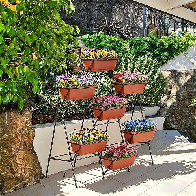 Raised Garden Bed Outdoor Indoor Elevated Tiered Standing Planter Box with Legs Vertical Plastic 7 Planter Boxes Herbs Flowers Vegetables for Backyard Patio Balcony, Red