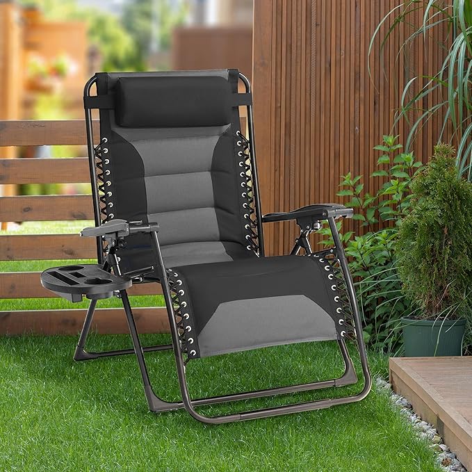 Zero Gravity Chair Oversized Padded Recliner with Adjustable Headrest & Cup Holder - XL 600D Oxford Folding Lounge Chair for Outdoor Camping, Patio, Poolside (Upgraded Black & Gray)