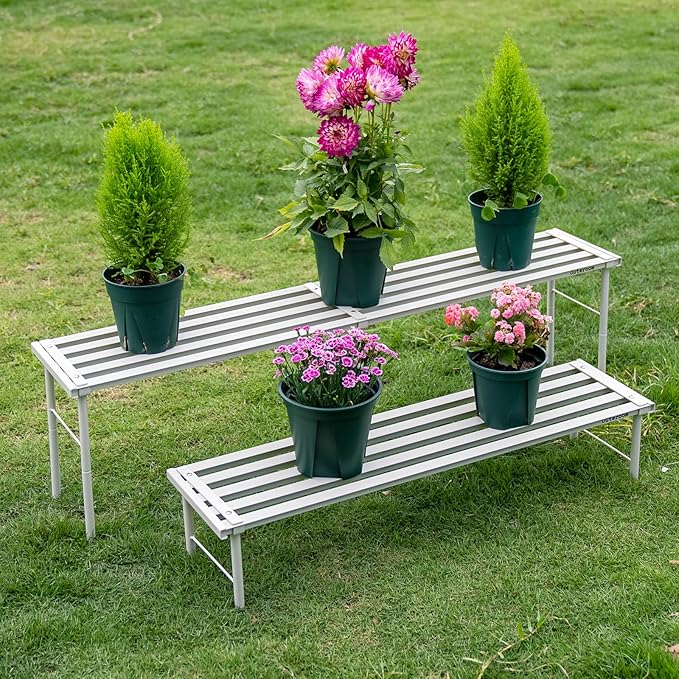 Metal Plant Stand, Rust-proof Aluminum Flower Pot Stand, Heavy Duty Planter Display Shelving for Patio Balcony Garden Living Room Decorative (White, 23.6 Inch)