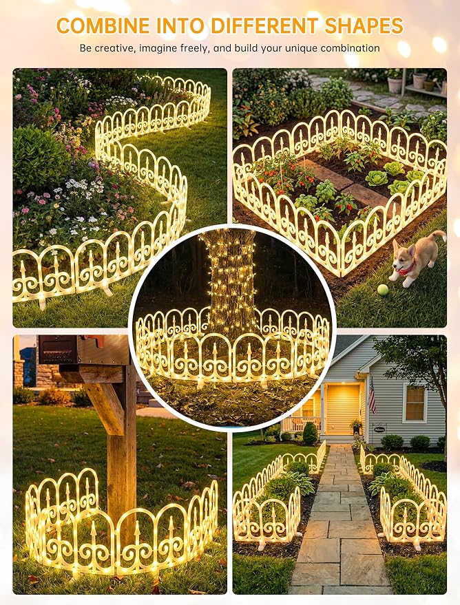 Hopolon 8 Pack Ornate Arch Fence Lights, 11.1in (H) X 9.1ft (L) Solar Powered Warm White Outdoor Garden Border Lights, Small Decorative Fence Barrier for Flower Bed Pathway Yard Lawn Patio Pet
