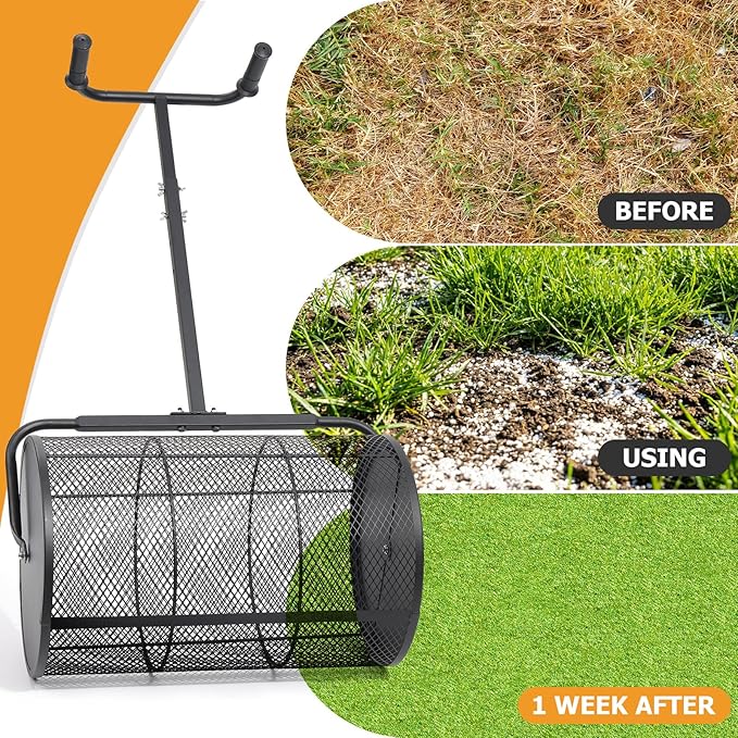 Compost Spreader 24in Peat Moss Spreader - U Shaped Comfortable Handle & Adjustable Height Powder-Coated Metal Mesh Hand Fertilizer Spreader for Garden Yard Lawn Care