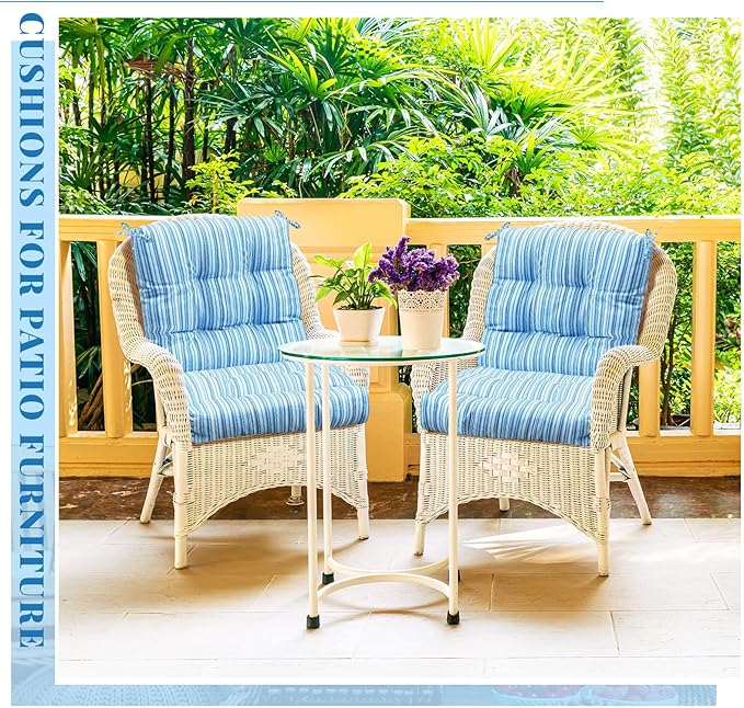 Marsui 4 Pcs Outdoor Indoor High Back Chair Cushions Patio Furniture Tufted Pillow with Ties Water-Resistant Replacement Outdoor Rocking Chair Cushions, 42 x 21 Inches (Blue Stripes,Stripes)