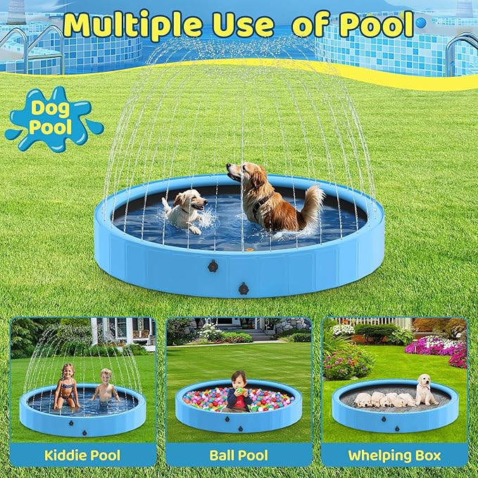 Raxurt Dog Pool with Sprinkler, 63'' Foldable Dog Pools for Large Dogs, 2-in-1 PVC Non Slip Pet Bathing Tub for Outdoor Backyard, Blue