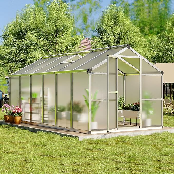 GarveeHome 8X12 FT Greenhouse for Outdoors, Walk-in Greenhouse Kit with Aluminum Frame, Polycarbonate Panels, Adjustable Roof Vent, Sliding Door, Secure Lock for Outside Garden, Patio, Backyard
