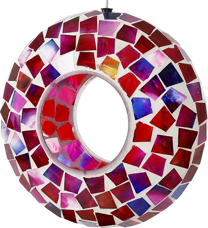 Sunnydaze 6-Inch Glass Mosaic Hanging Bird Feeder for Outdoors - Fly-Through Glass Bird Feeder for Cardinals, Jays, Finches and More - Crimson Mosaic